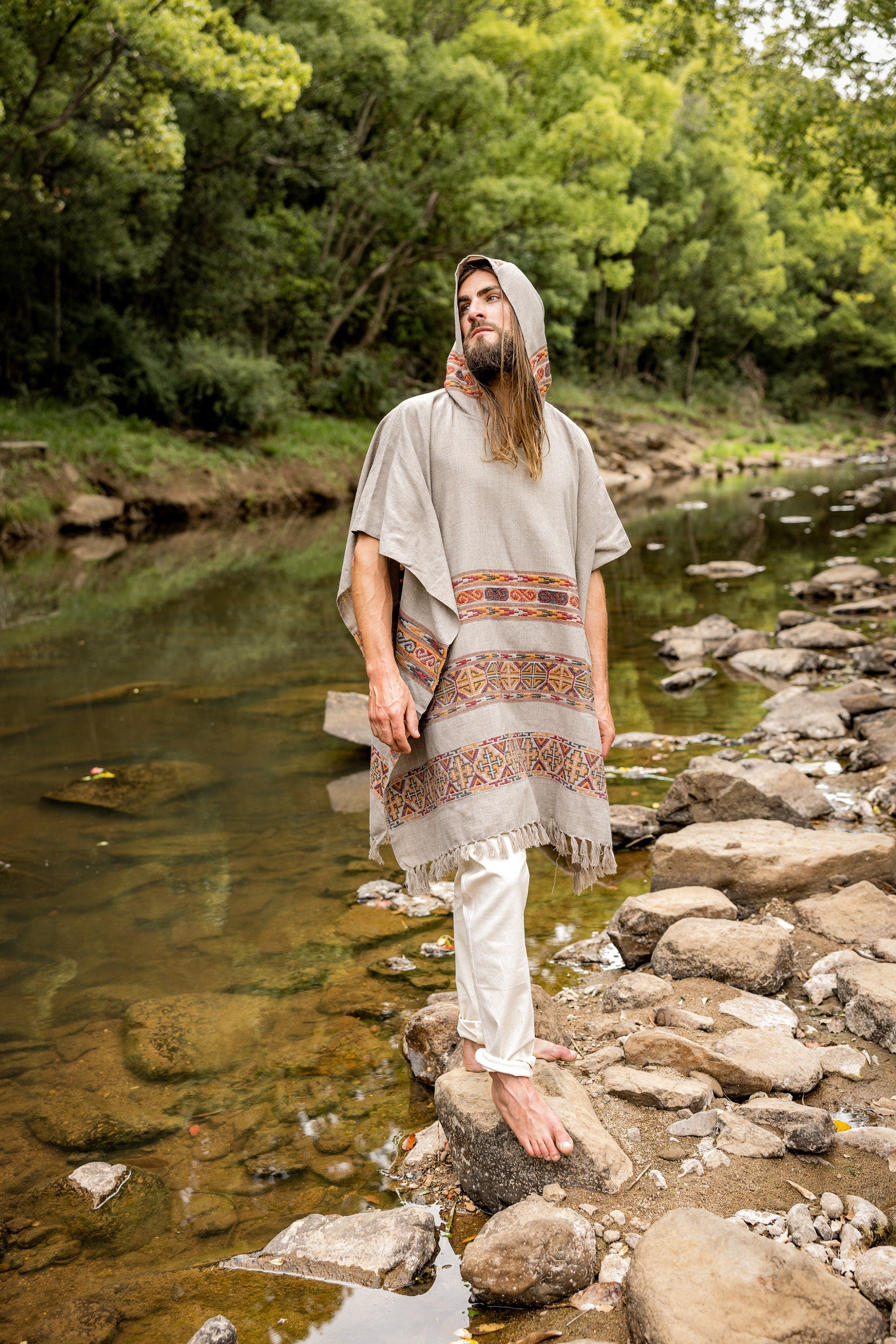 Mens Hooded Poncho Long Light Grey Cashmere Wool Tribal Embroidery, Large Hood, Pockets, Hippie, Primitive, Gypsy, Boho festival AJJAYA