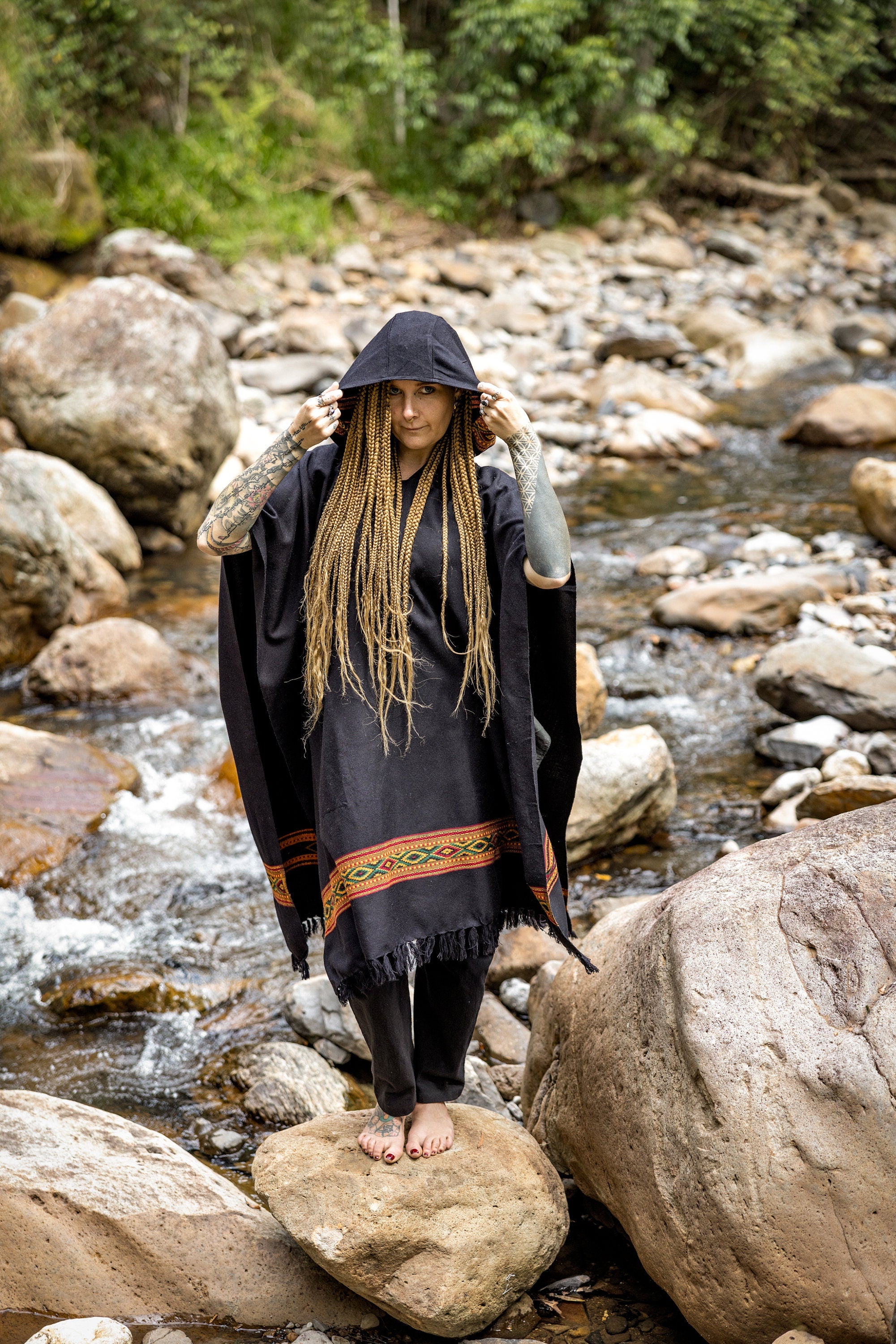 UPEKKHA Womens Black Hooded Poncho Long Cashmere and Acrylic Wool with Tribal Embroidery Large Hood, Pockets Hippie Primitive Boho AJJAYA