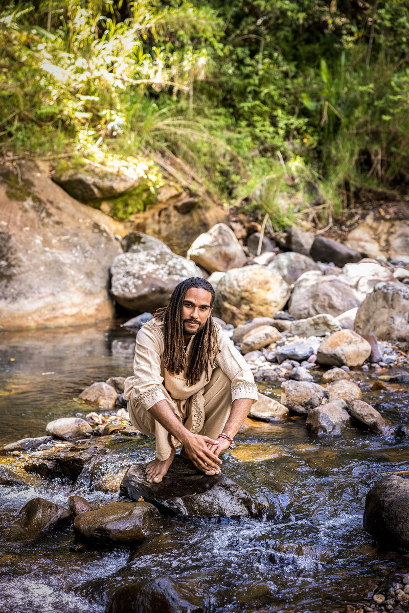 YOSEPH Kurta Beige Aramaic Gown Long Top Mens Dress Shirt Biblical Natural Cotton Handwoven Block Print Natural Plant Dye Ceremony AJJAYA
