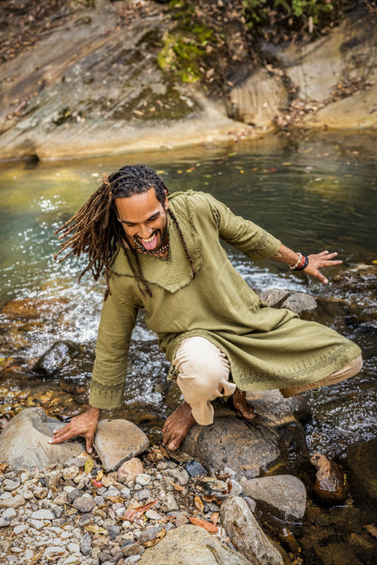 YOSEPH Kurta Green Aramaic Gown Long Top Mens Dress Shirt Biblical Natural Cotton Handwoven Block Print Natural Plant Dye Ceremony AJJAYA