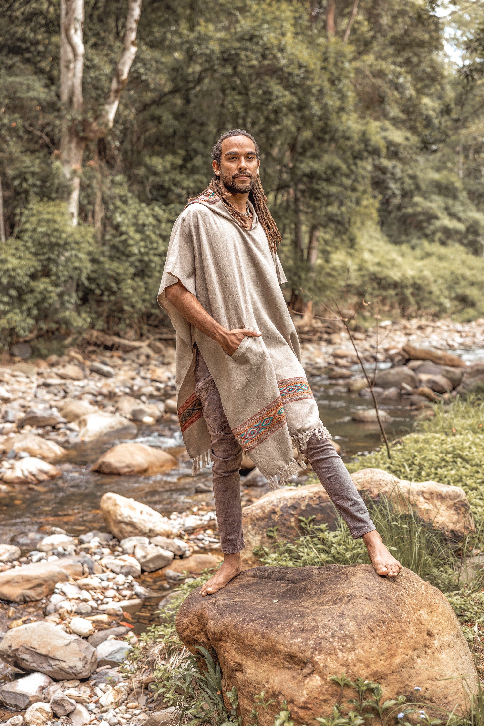 UPEKKHA Grey Mens Hooded Poncho Long Cashmere and Acrylic Wool with Tribal Embroidery, Large Hood, Pockets, Hippie, Primitive, Boho, AJJAYA