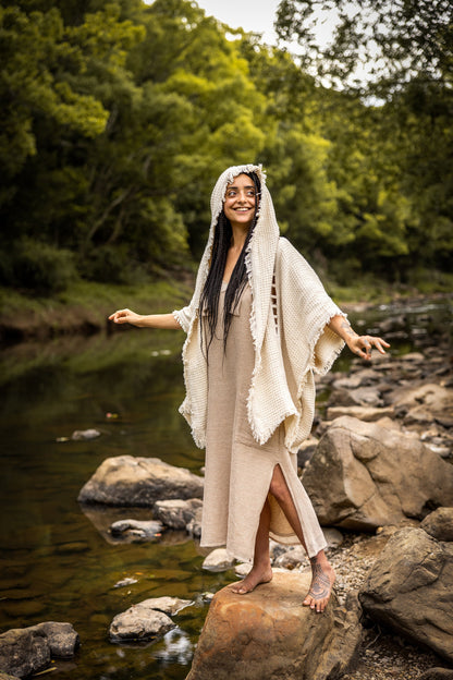 WIZARD Womens Hooded Kimono Vest Ivory Beige Tribal Ritual Ceremony Gypsy Festival Magic Ritual Alchemy Primitive Rave Boho Earthy AJJAYA