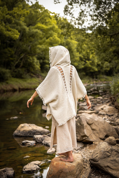 WIZARD Womens Hooded Kimono Vest Ivory Beige Tribal Ritual Ceremony Gypsy Festival Magic Ritual Alchemy Primitive Rave Boho Earthy AJJAYA
