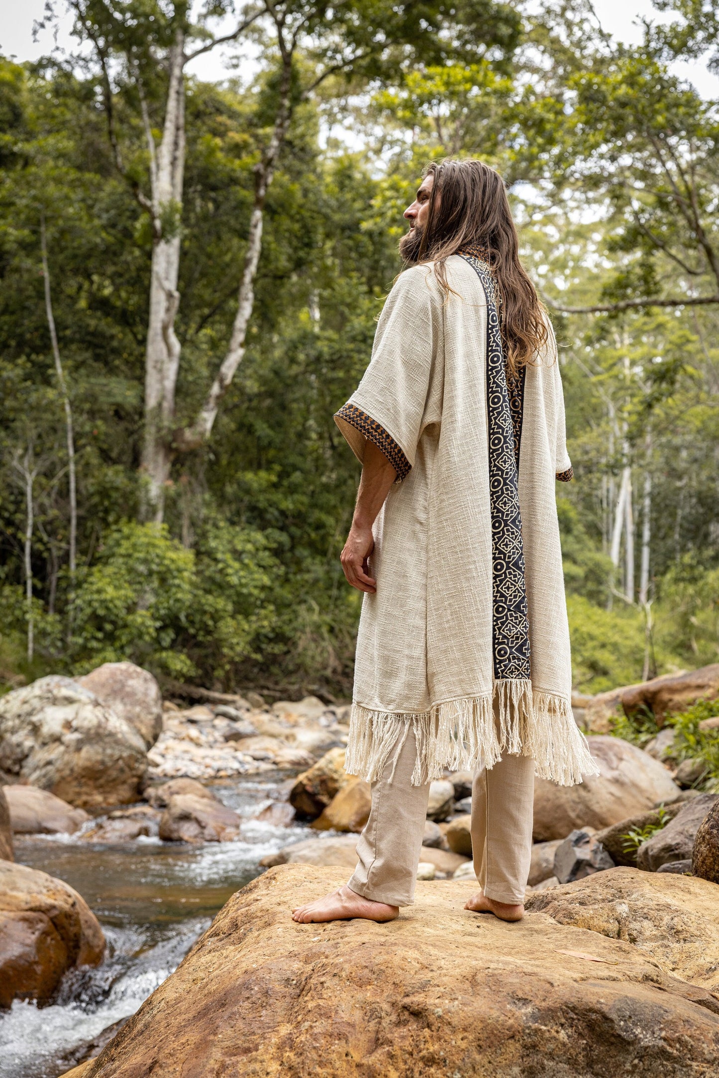 BUNTU Beige Kimono Robe Handmade Tribal African Patterns Natural  Textured Cotton Shamanic Ceremony Ritual Festival Boho Gypsy AJJAYA