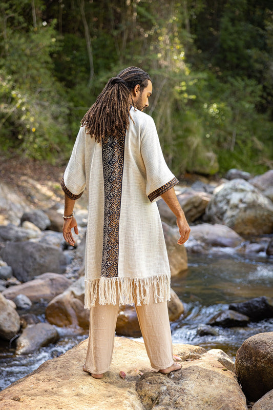 BUNTU Beige Kimono Robe Handmade Tribal African Patterns Natural  Textured Cotton Shamanic Ceremony Ritual Festival Boho Gypsy AJJAYA