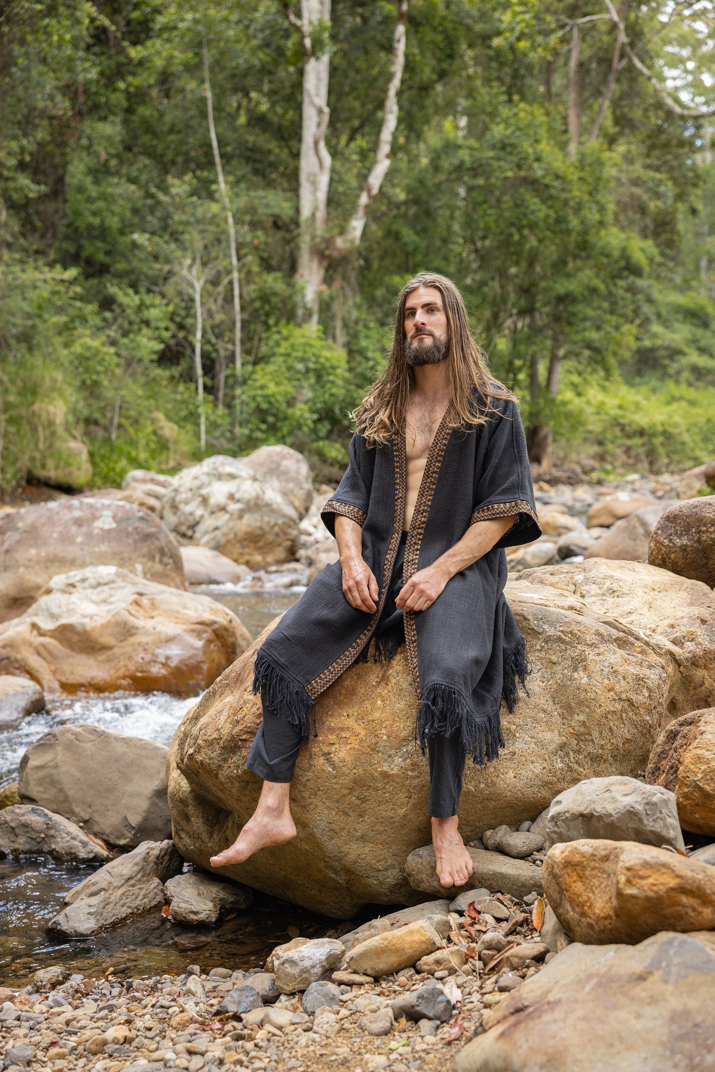 BUNTU Black Kimono Robe Handmade Tribal African Patterns Natural  Textured Cotton Shamanic Ceremony Ritual Festival Boho Gypsy AJJAYA