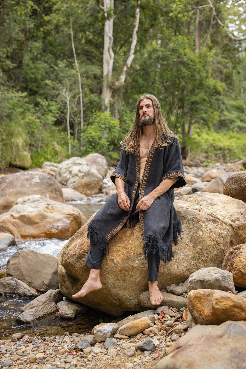 BUNTU Black Kimono Robe Handmade Tribal African Patterns Natural  Textured Cotton Shamanic Ceremony Ritual Festival Boho Gypsy AJJAYA