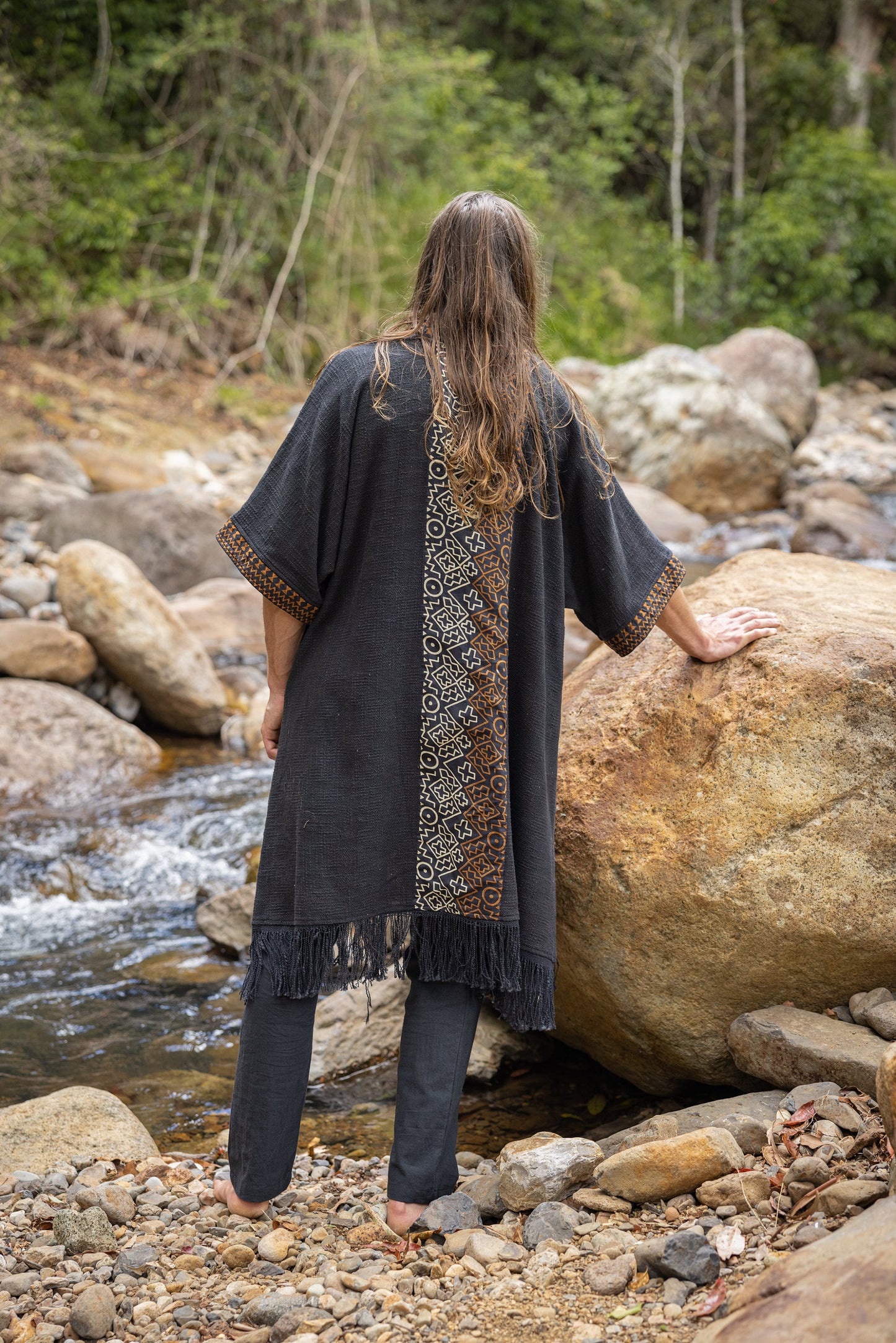 BUNTU Black Kimono Robe Handmade Tribal African Patterns Natural  Textured Cotton Shamanic Ceremony Ritual Festival Boho Gypsy AJJAYA