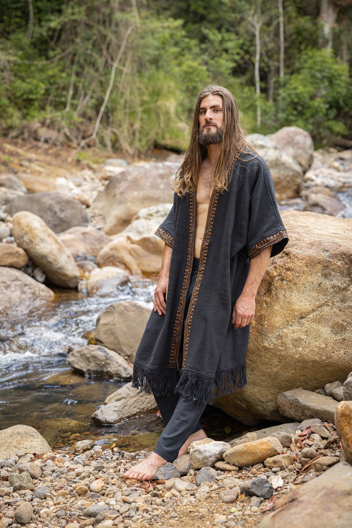 BUNTU Black Kimono Robe Handmade Tribal African Patterns Natural  Textured Cotton Shamanic Ceremony Ritual Festival Boho Gypsy AJJAYA