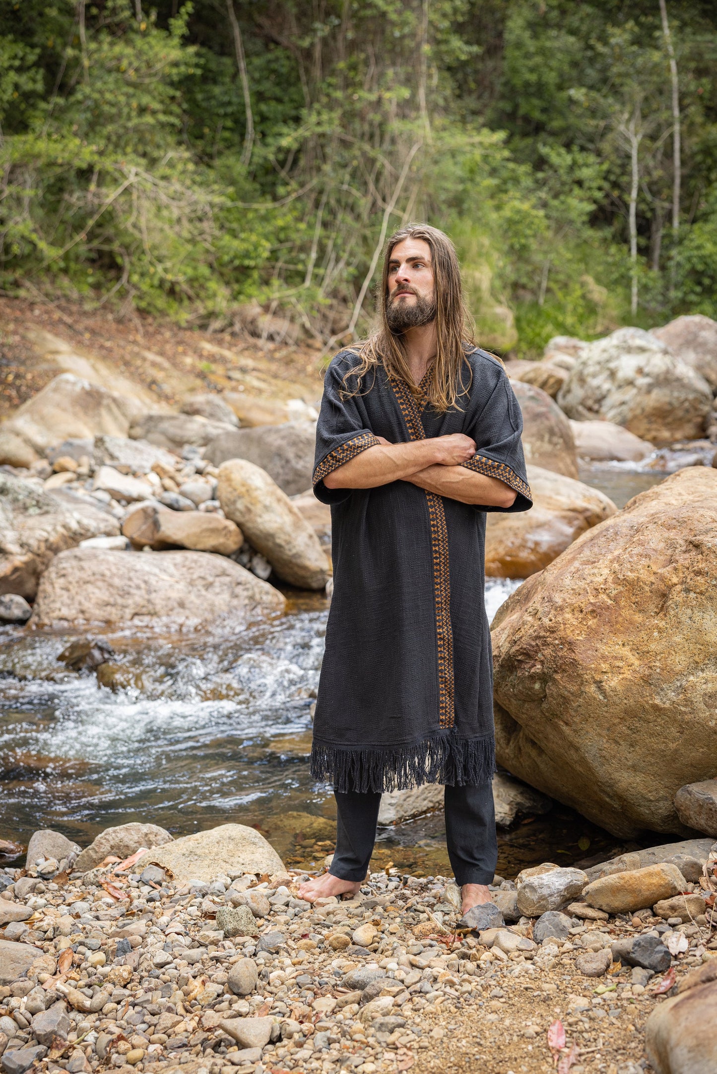 BUNTU Black Kimono Robe Handmade Tribal African Patterns Natural  Textured Cotton Shamanic Ceremony Ritual Festival Boho Gypsy AJJAYA