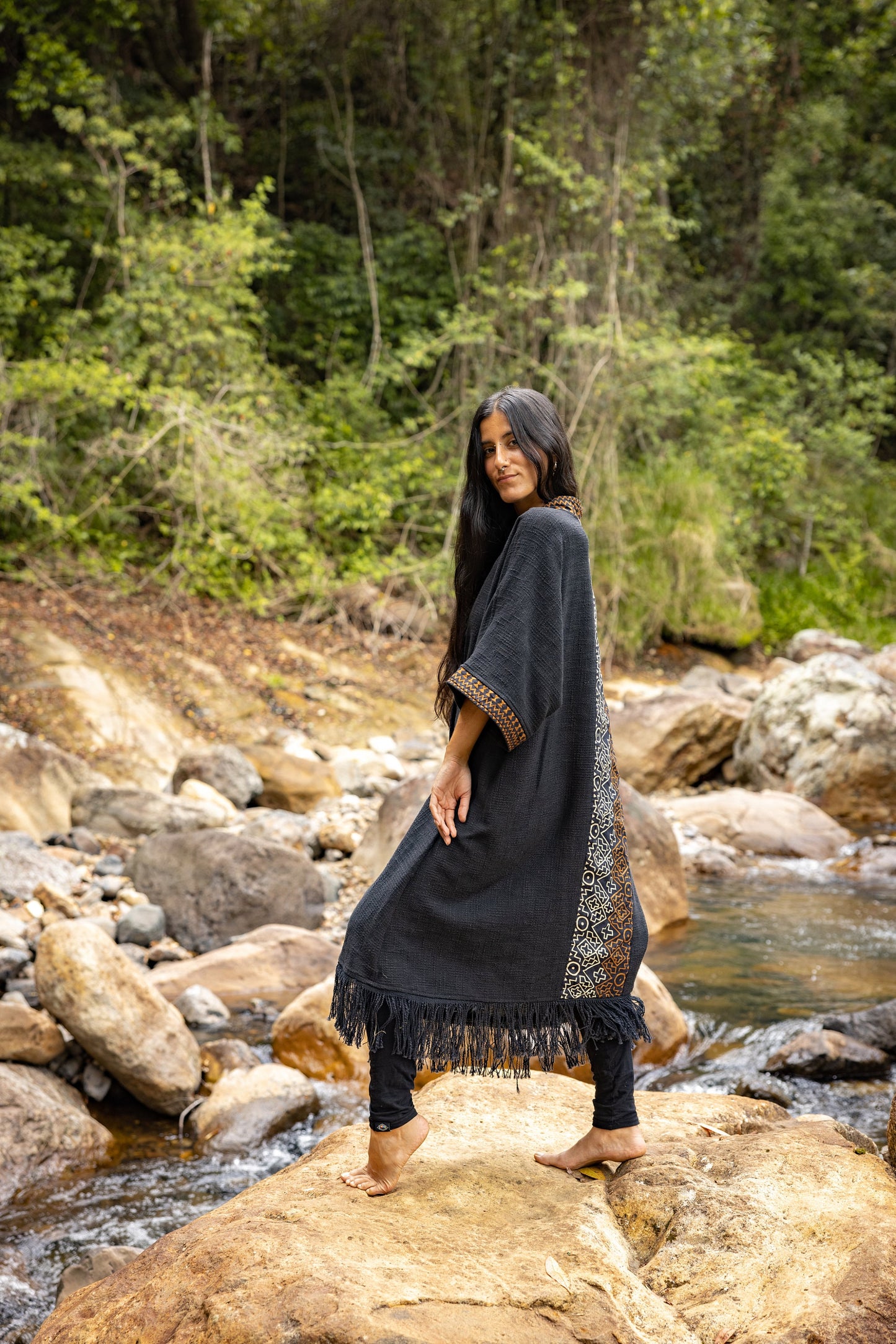 BUNTU Black Womens Kimono Robe Handmade Tribal African Patterns Natural Textured Cotton Shamanic Ceremony Ritual Festival Boho Gypsy AJJAYA