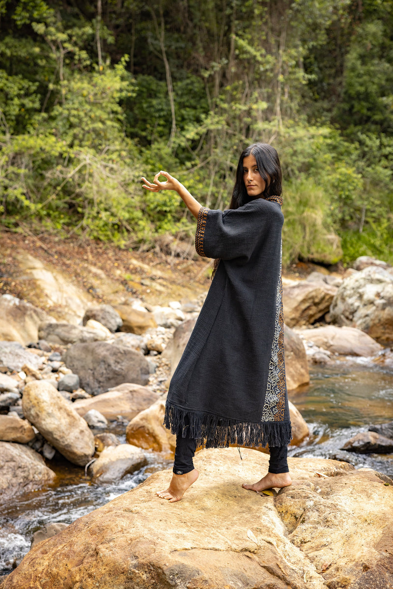 BUNTU Black Womens Kimono Robe Handmade Tribal African Patterns Natural Textured Cotton Shamanic Ceremony Ritual Festival Boho Gypsy AJJAYA