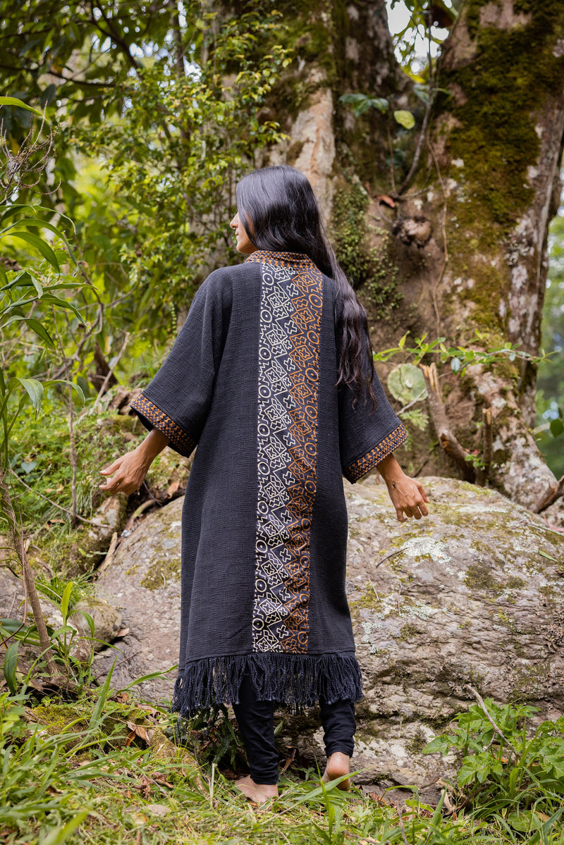 BUNTU Black Womens Kimono Robe Handmade Tribal African Patterns Natural Textured Cotton Shamanic Ceremony Ritual Festival Boho Gypsy AJJAYA