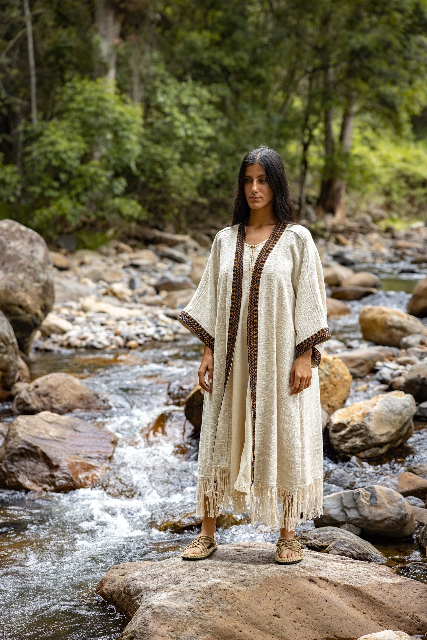 BUNTU Beige Womens Kimono Robe Handmade Tribal African Patterns Natural Textured Cotton Shamanic Ceremony Ritual Festival Boho Gypsy AJJAYA