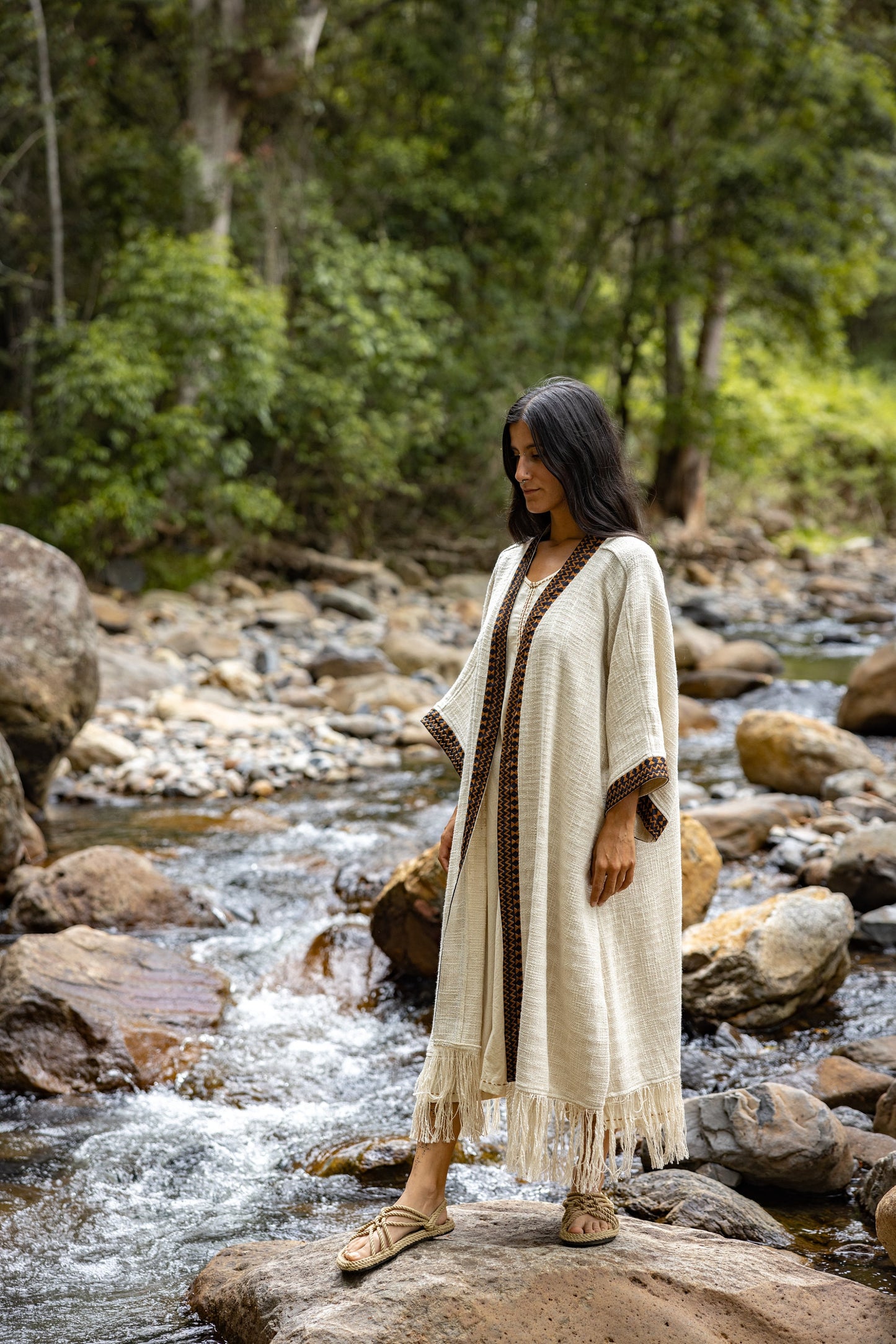 BUNTU Beige Womens Kimono Robe Handmade Tribal African Patterns Natural Textured Cotton Shamanic Ceremony Ritual Festival Boho Gypsy AJJAYA