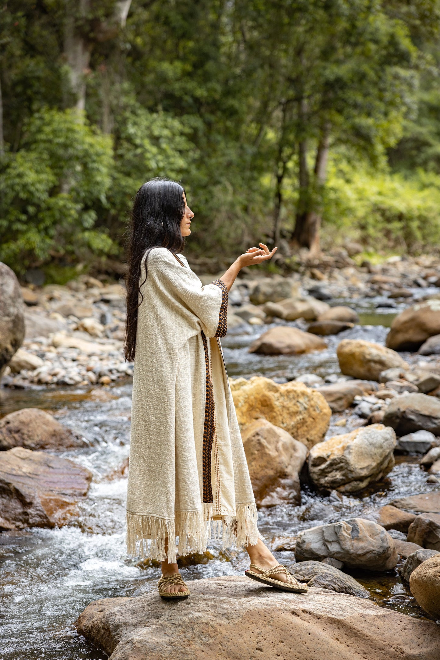 BUNTU Beige Womens Kimono Robe Handmade Tribal African Patterns Natural Textured Cotton Shamanic Ceremony Ritual Festival Boho Gypsy AJJAYA