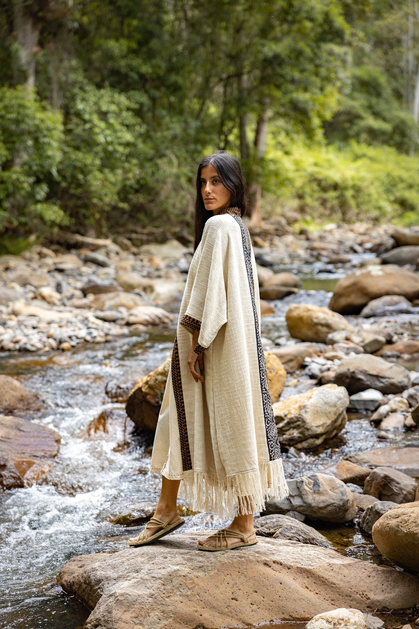 BUNTU Beige Womens Kimono Robe Handmade Tribal African Patterns Natural Textured Cotton Shamanic Ceremony Ritual Festival Boho Gypsy AJJAYA