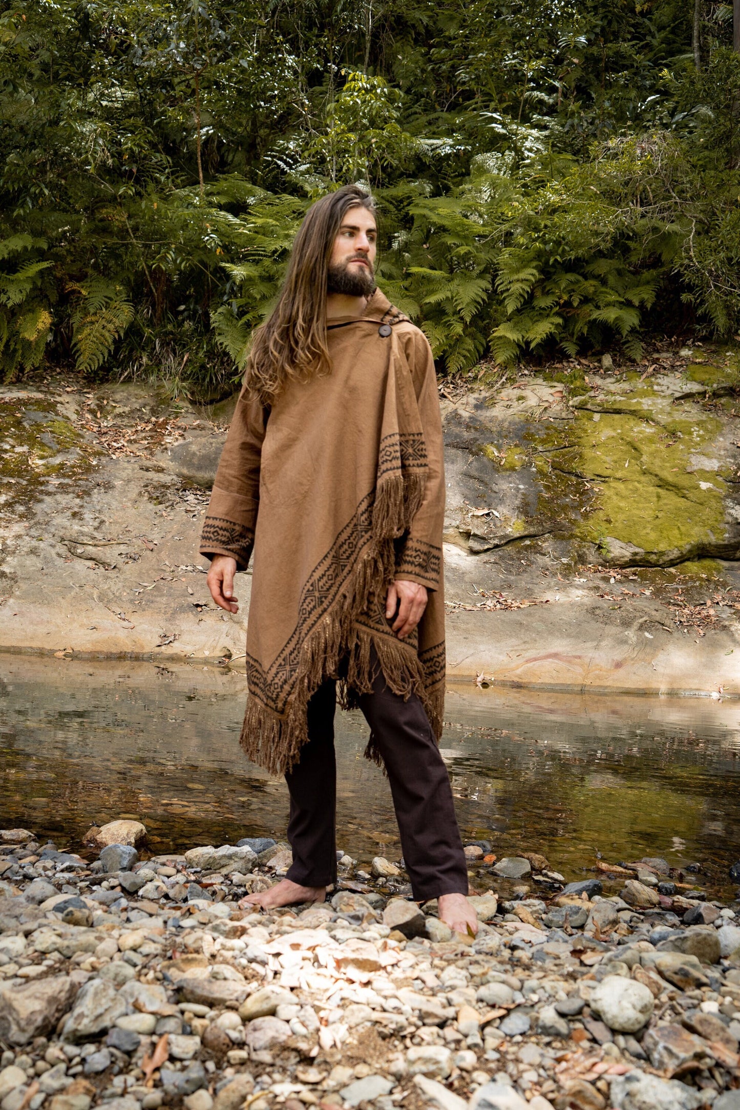 JUBBA Brown Mens Hooded Cloak Long Sleeve Poncho Jacket Festival Tribal Dystopian Apocalyptic Block Printed Steampunk Handmade Dune AJJAYA