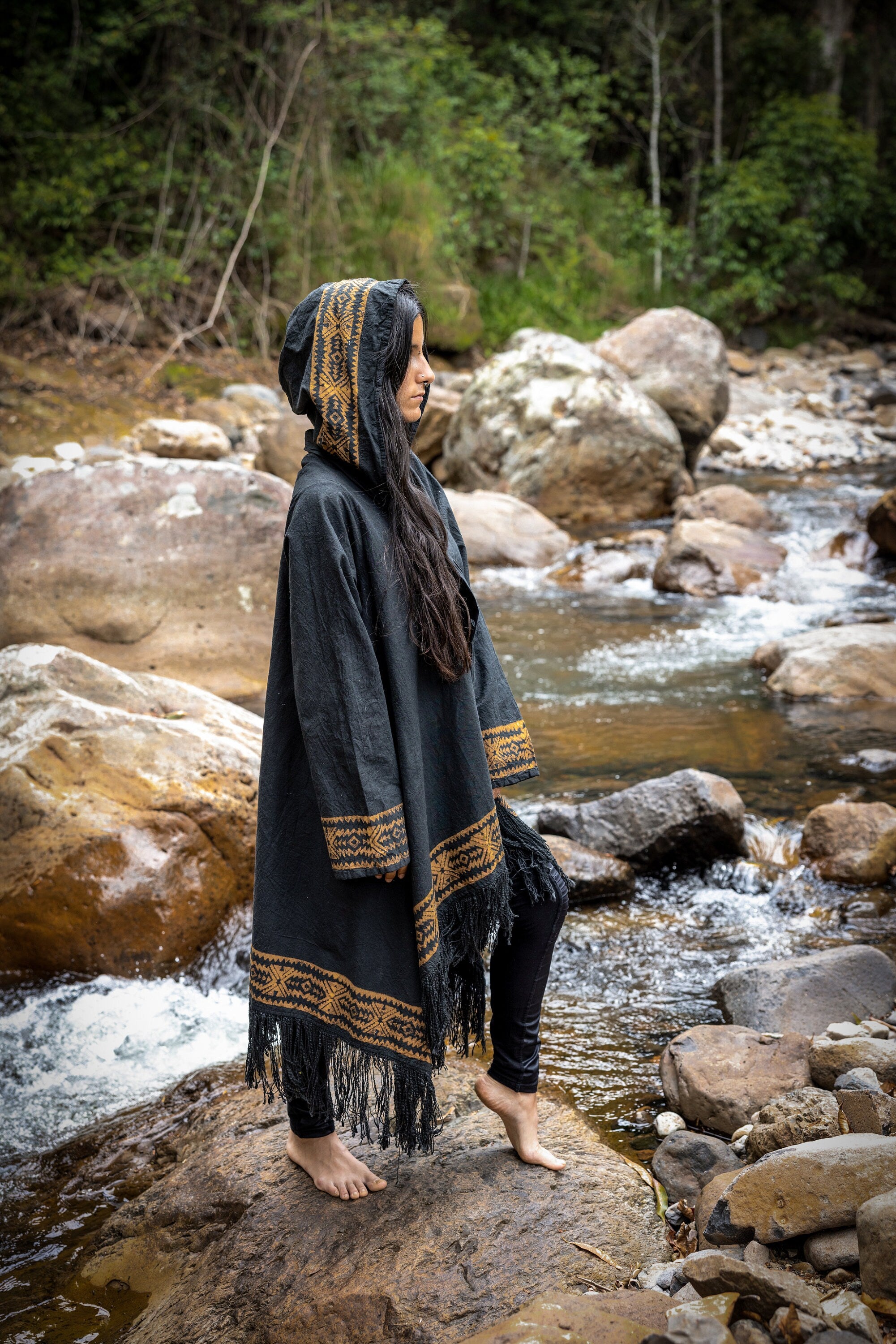 JUBBA Black Womens Hooded Cloak Long Sleeve Poncho Jacket Festival Tribal Dystopian Apocalyptic Block Printed Steampunk Handmade Dune AJJAYA