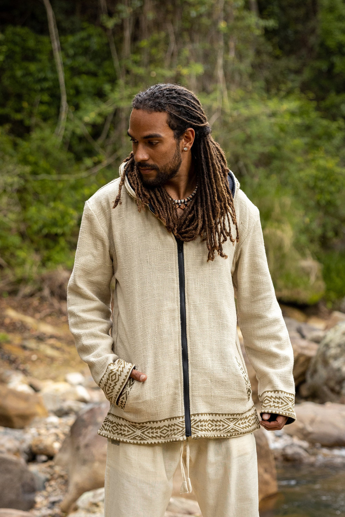 AMAGUK Beige Hooded Mens Fleece Jacket Hoodie Jumper Large Hood Block Printed Tribal Geometric Pattern Primitive AJJAYA