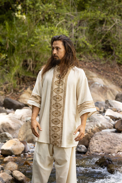 MAHADI Beige Mens Shamanic Top Ceremony Shirt Natural Cotton Block Printed Tribal Patterns Ritual Festival Boho Wedding Best Man AJJAYA