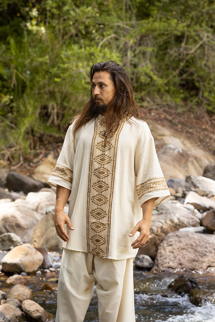 MAHADI Mens Brown Shamanic Top Ceremony Shirt Natural Cotton Block Printed Tribal Patterns Ritual Festival Boho Wedding Best Man AJJAYA