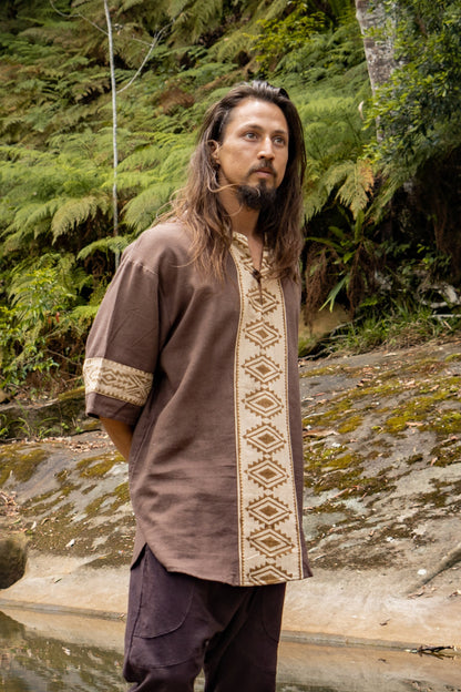 MAHADI Brown Mens Shamanic Top Ceremony Shirt Natural Cotton Block Printed Tribal Patterns Ritual Festival Boho Wedding Best Man AJJAYA