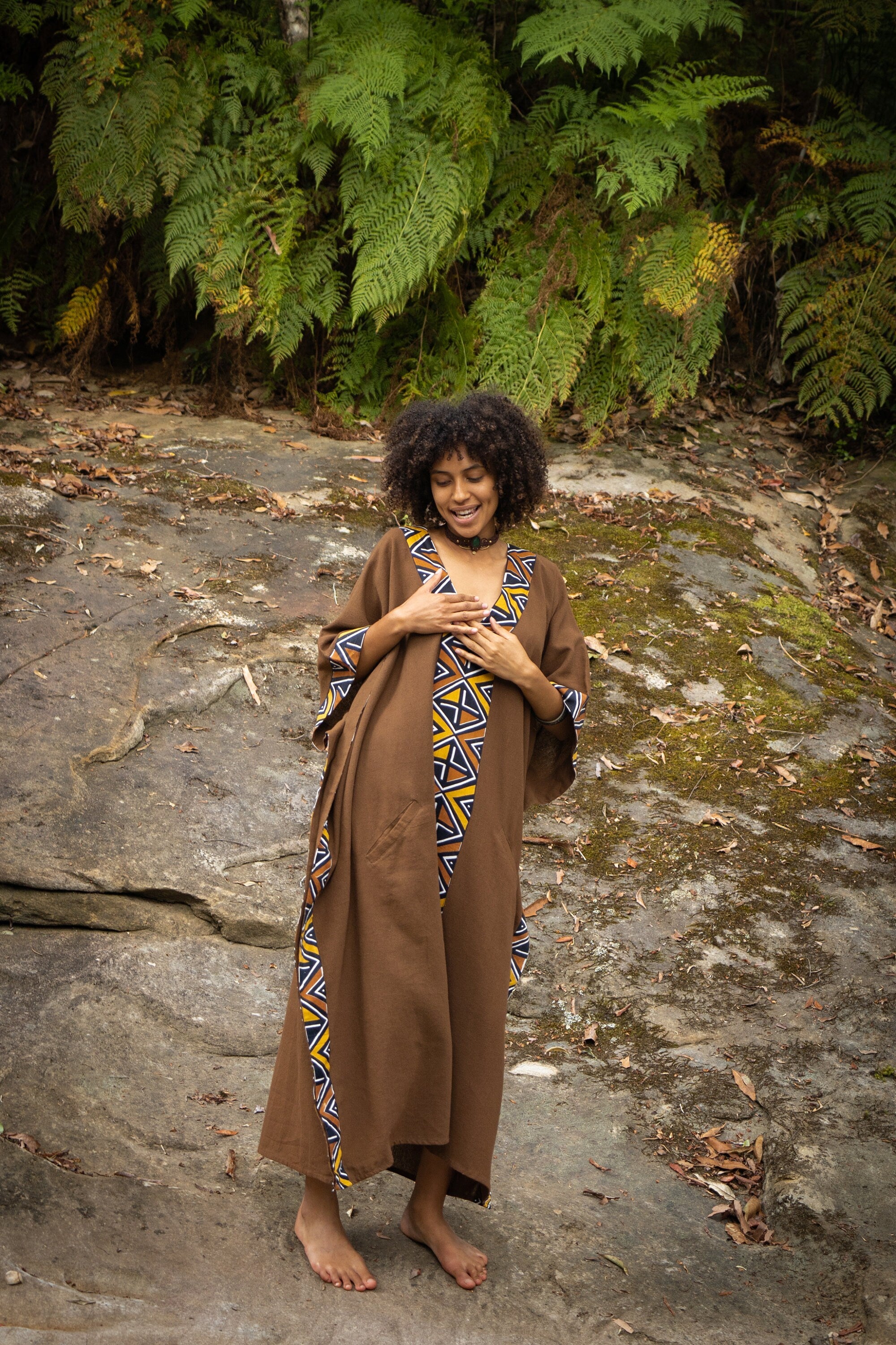 KAFATU Womens Beige Kaftan Dress Maxi African Tribal Patterns Handmade Robe Natural Cotton with Pockets Ceremony Ritual Festival Boho AJJAYA