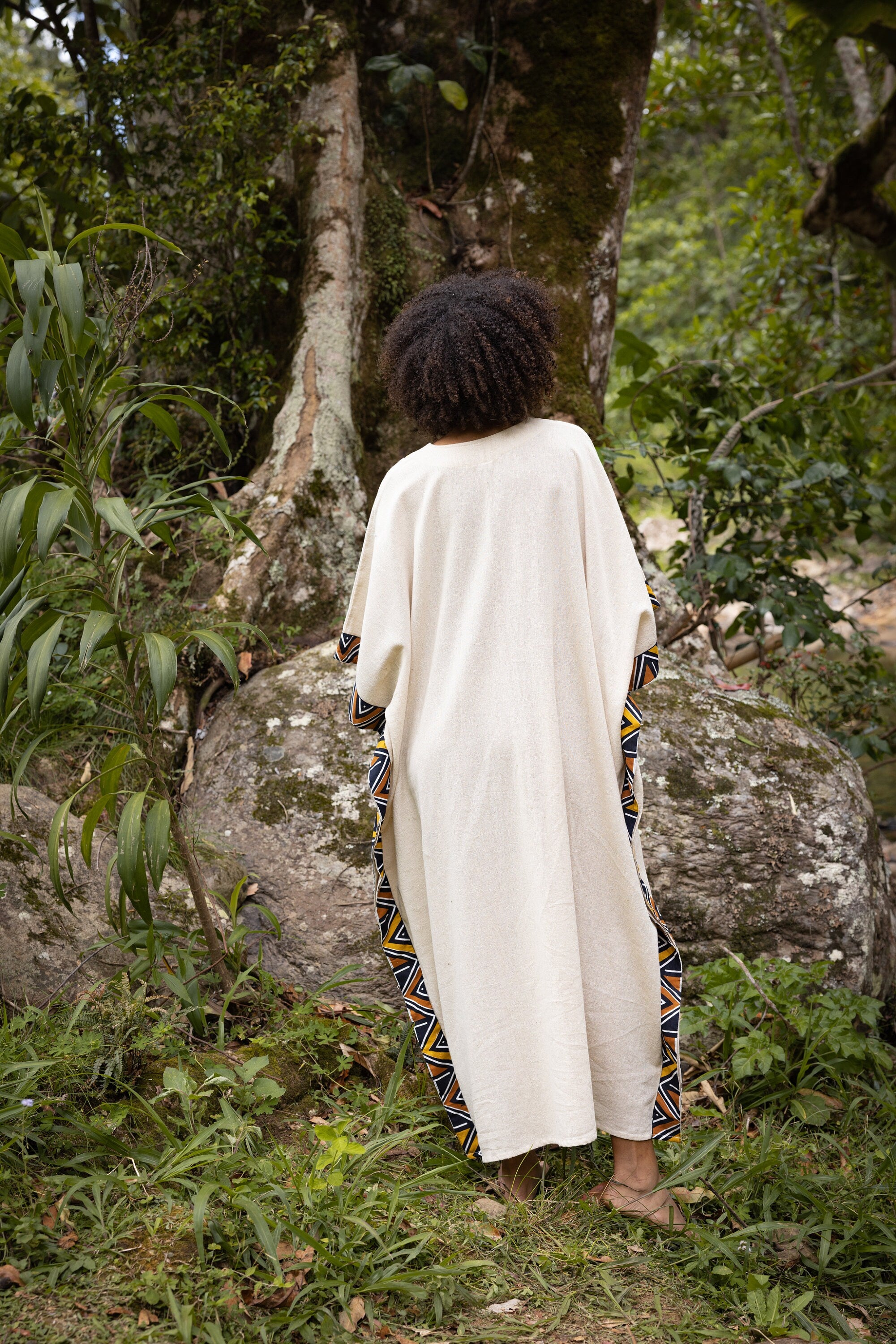 KAFATU Womens Beige Kaftan Dress Maxi African Tribal Patterns Handmade Robe Natural Cotton with Pockets Ceremony Ritual Festival Boho AJJAYA