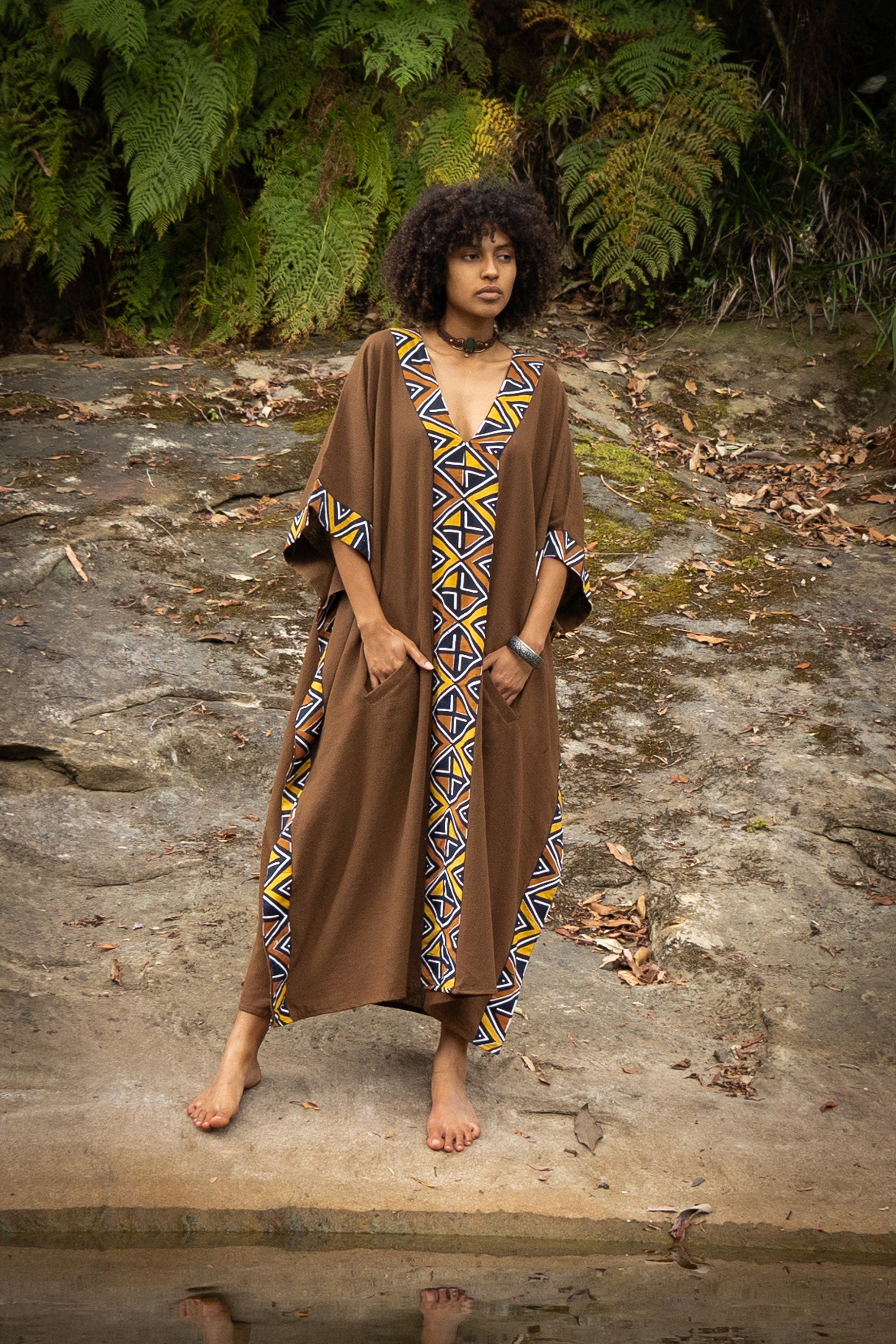KAFATU Womens Brown Kaftan Dress Maxi African Tribal Patterns Handmade Robe Natural Cotton with Pockets Ceremony Ritual Festival Boho AJJAYA