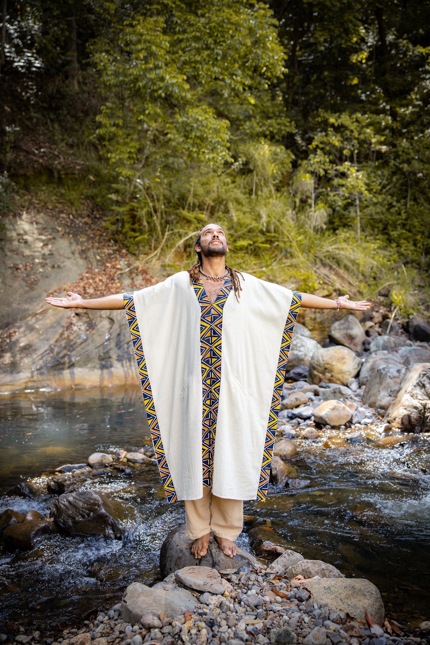KAFATU Mens Beige Kaftan Kurta Top African Tribal Patterns Handmade Robe Natural Cotton with Pockets Ceremony Ritual Festival Boho AJJAYA