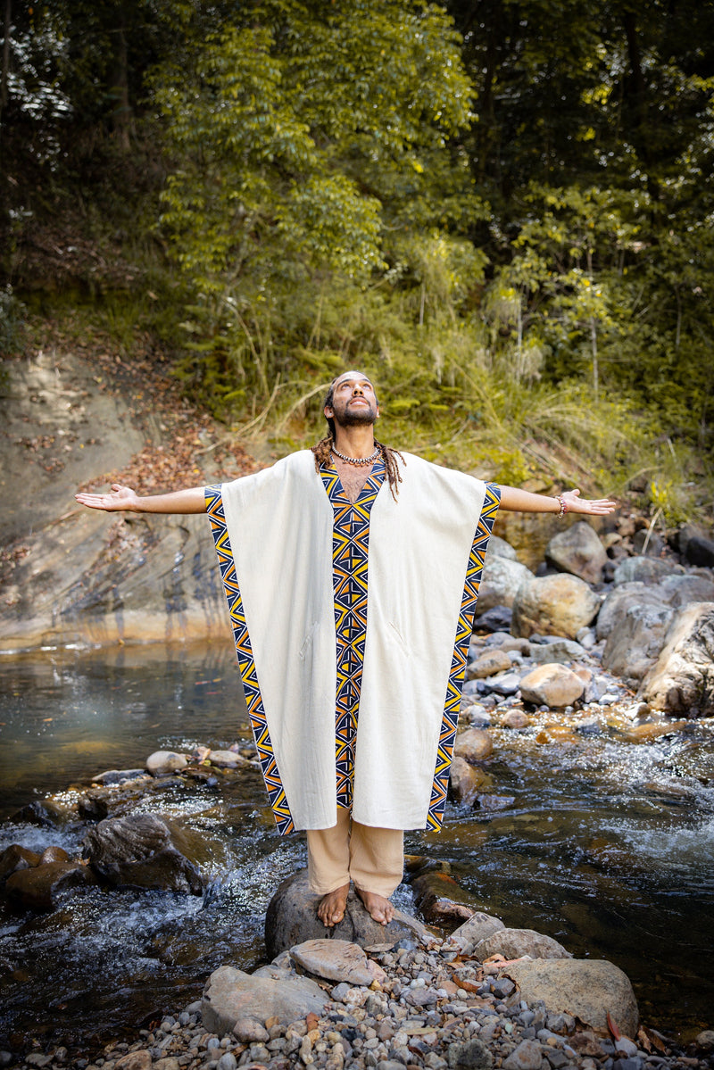 KAFATU Mens Beige Kaftan Kurta Top African Tribal Patterns Handmade Robe Natural Cotton with Pockets Ceremony Ritual Festival Boho AJJAYA