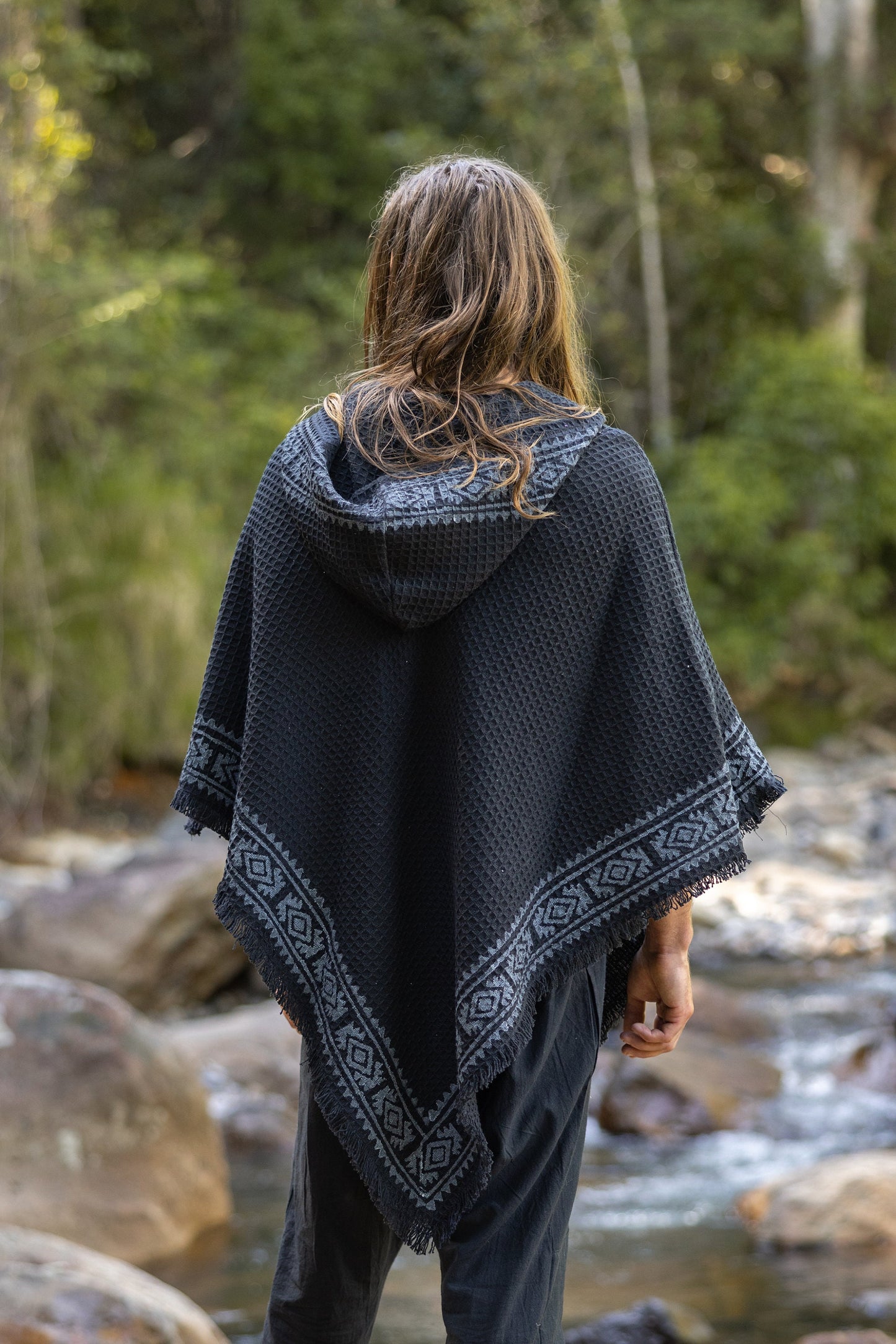 VECHO Black Mens Hooded Vegan Poncho Textured Cotton with Hood Block Printed Tribal Pattern Gypsy Festival Boho ceremony ritual AJJAYA