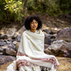BHAVA Shawl White Handwoven Wool Meditation Prayer Scarf Blanket Premium Pure Cashmere Tibetan Winter Tribal Zen Embroidery Boho AJJAYA