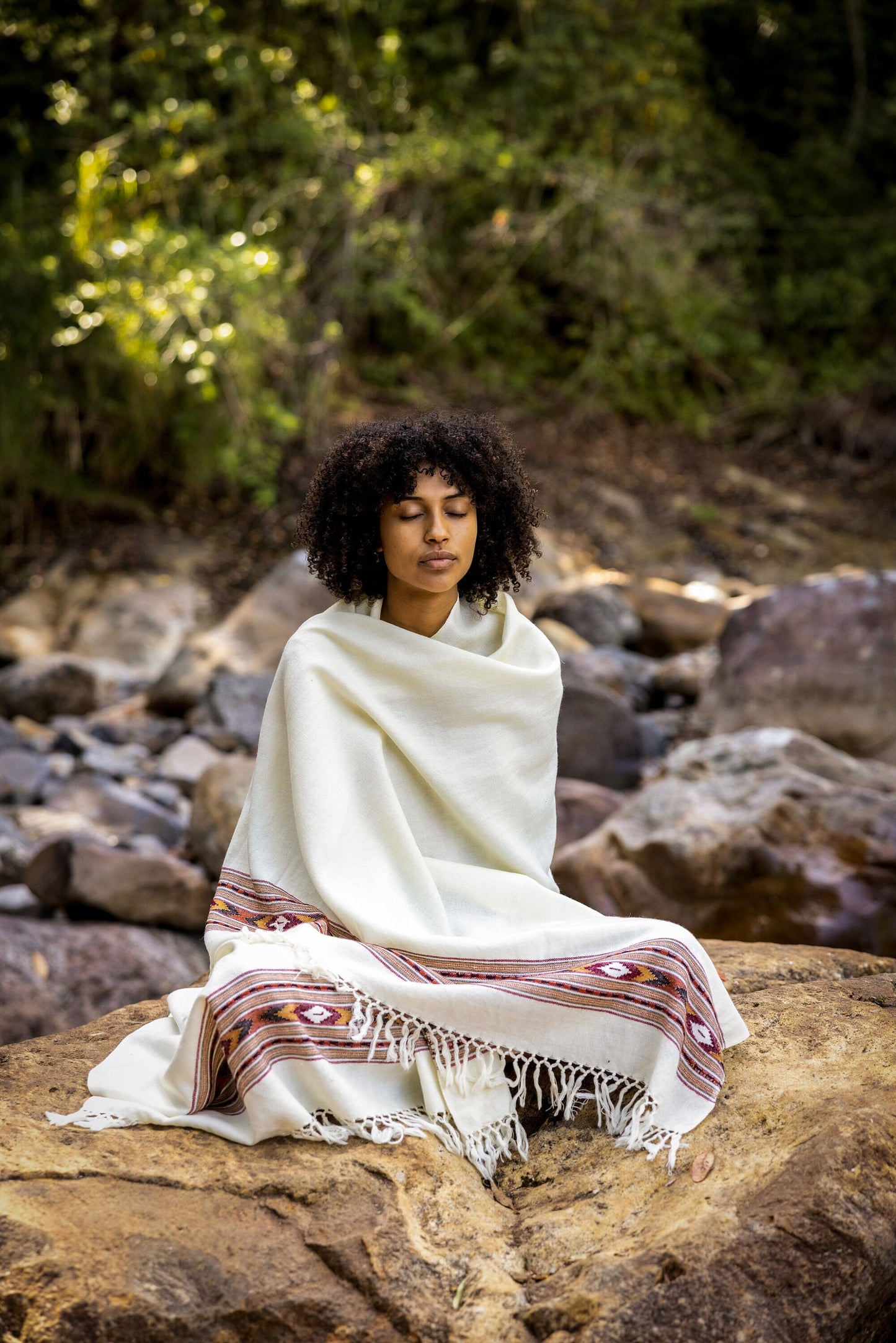 BHAVA Shawl White Handwoven Wool Meditation Prayer Scarf Blanket Premium Pure Cashmere Tibetan Winter Tribal Zen Embroidery Boho AJJAYA