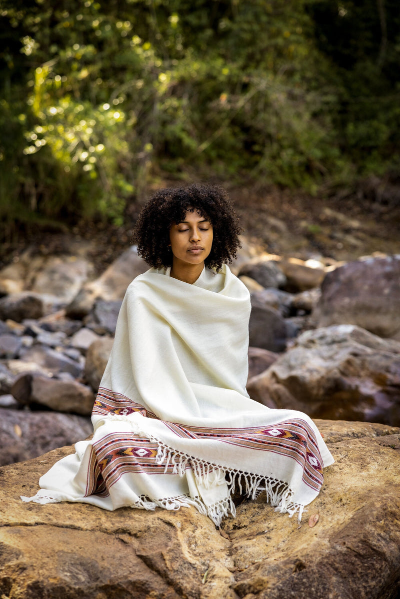 BHAVA Shawl White Handwoven Wool Meditation Prayer Scarf Blanket Premium Pure Cashmere Tibetan Winter Tribal Zen Embroidery Boho AJJAYA