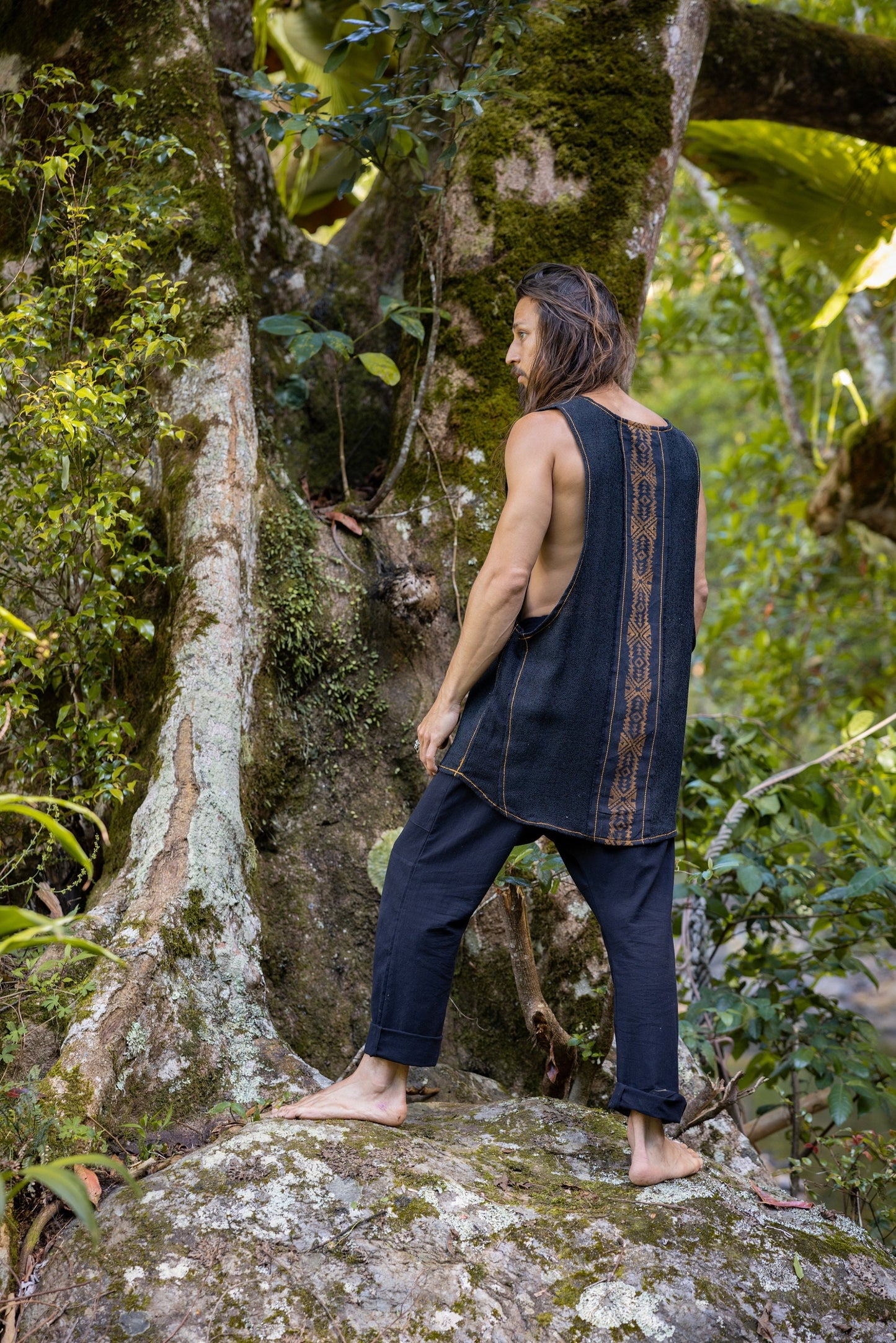 KAZA Mens Black Tank Top Sleeveless Yoga Deep Cut Breathable Semi See-through Cotton Tribal Pattern Block Printed Festival Ceremonial AJJAYA