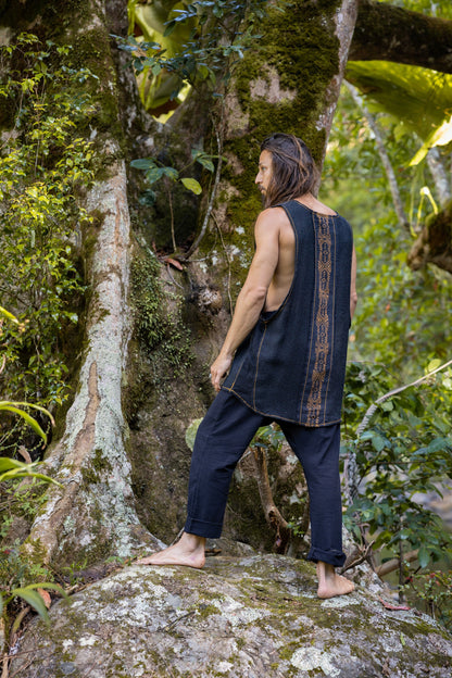KAZA Mens Black Tank Top Sleeveless Yoga Deep Cut Breathable Semi See-through Cotton Tribal Pattern Block Printed Festival Ceremonial AJJAYA