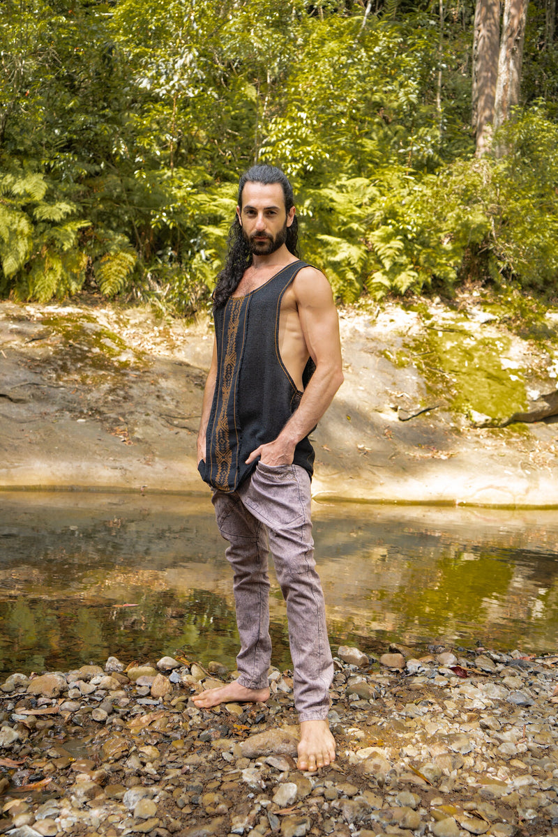 KAZA Mens Black Tank Top Sleeveless Yoga Deep Cut Breathable Semi See-through Cotton Tribal Pattern Block Printed Festival Ceremonial AJJAYA