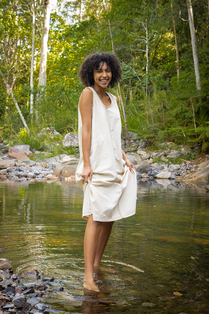 AHUA Beige Dress Maxi Long Simple Natural Cotton Sleeveless Handwoven Embroidery Pocket Boho Bridesmaid Wedding Festival Handmade AJJAYA