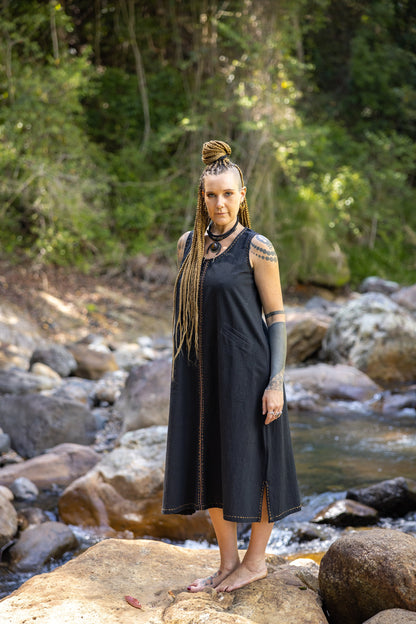 AHUA Dress Black Maxi Long Simple Natural Cotton Sleeveless Handwoven Embroidery Pocket Boho Bridesmaid Wedding Festival Handmade AJJAYA