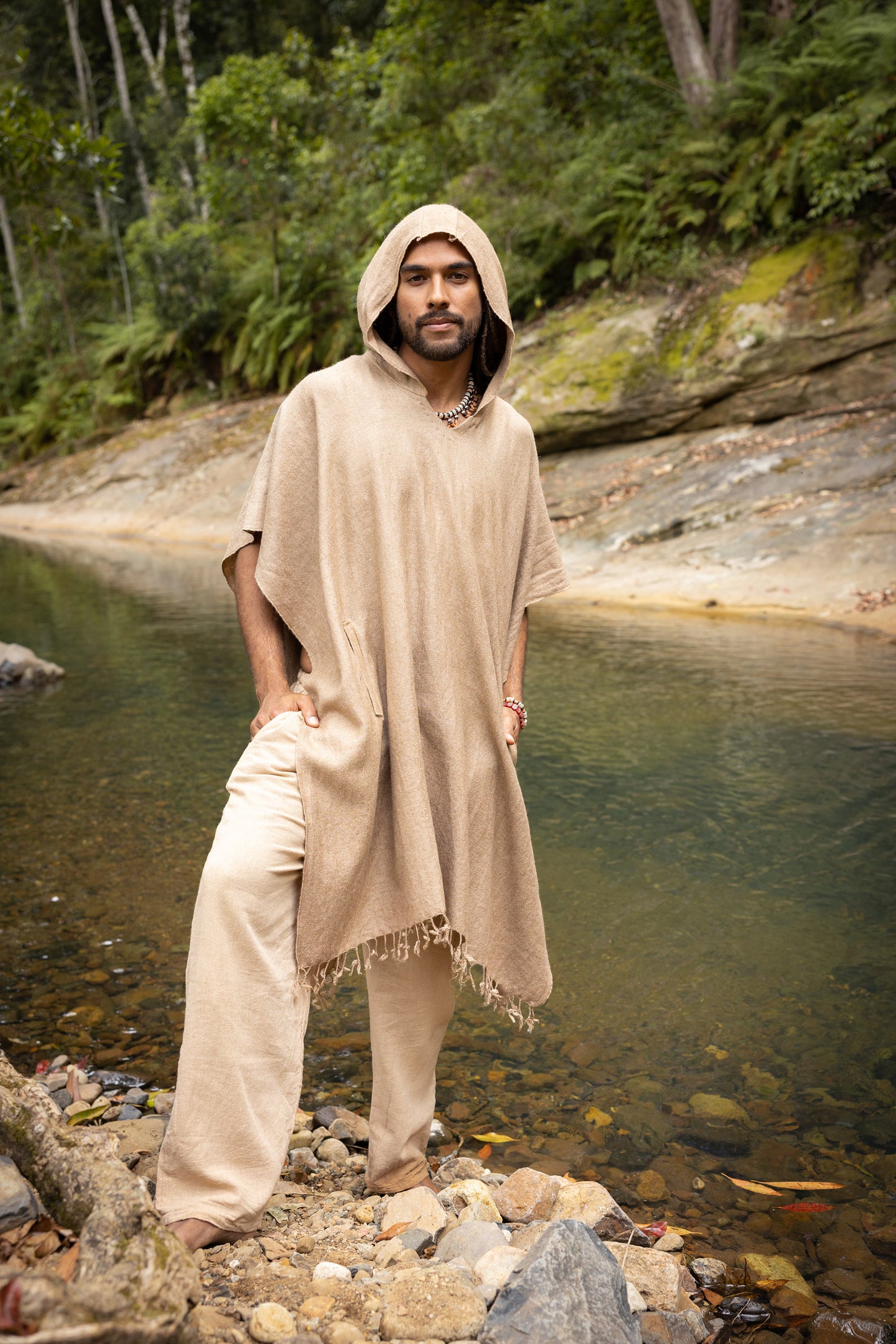 SAHAJI Poncho Brown Pure Cashmere Wool Hooded Mens Long with Pockets Handmade Handwoven Viking Festival Ceremony Gypsy Boho Mexican AJJAYA