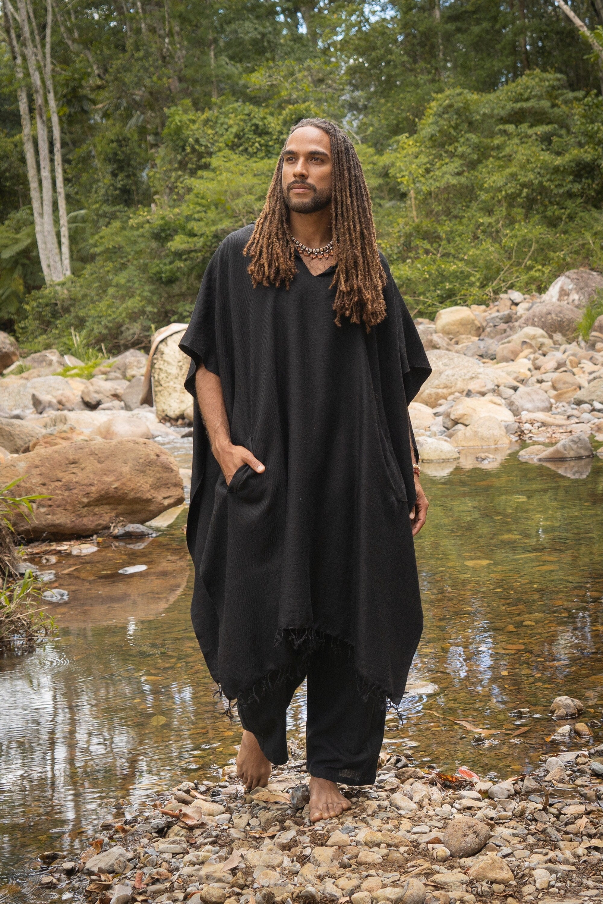 SAHAJI Poncho Black Pure Cashmere Wool Hooded Mens Long with Pockets Handmade Handwoven Viking Festival Ceremony Gypsy Boho Mexican AJJAYA