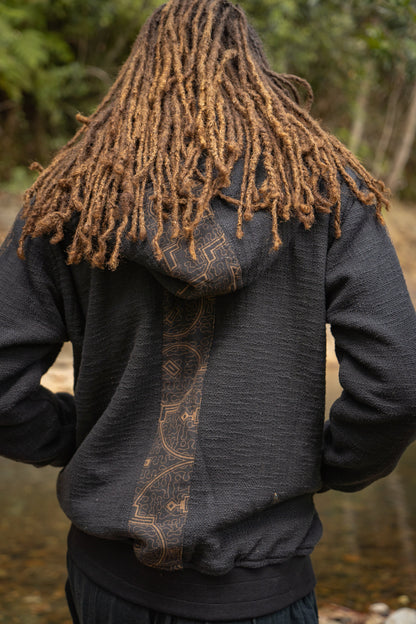 AYABO Black Hooded Jacket Thick Fleece Warm Zipped Jumper Pullover Shipibo Pattern Pockets Thumb Glove Festival Tribal Gypsy Ceremony AJJAYA