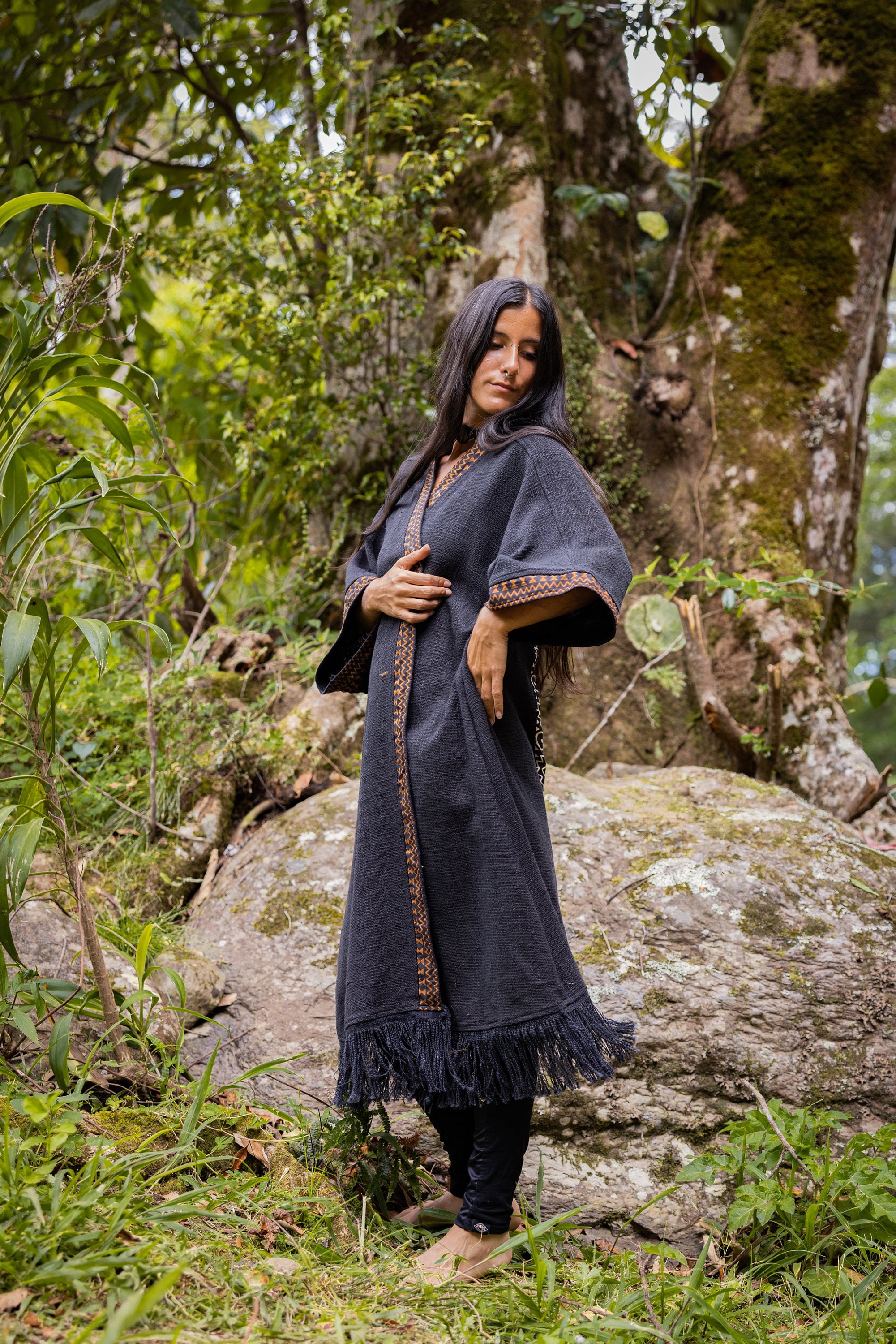 BUNTU Black Womens Kimono Robe Handmade Tribal African Patterns Natural Textured Cotton Shamanic Ceremony Ritual Festival Boho Gypsy AJJAYA