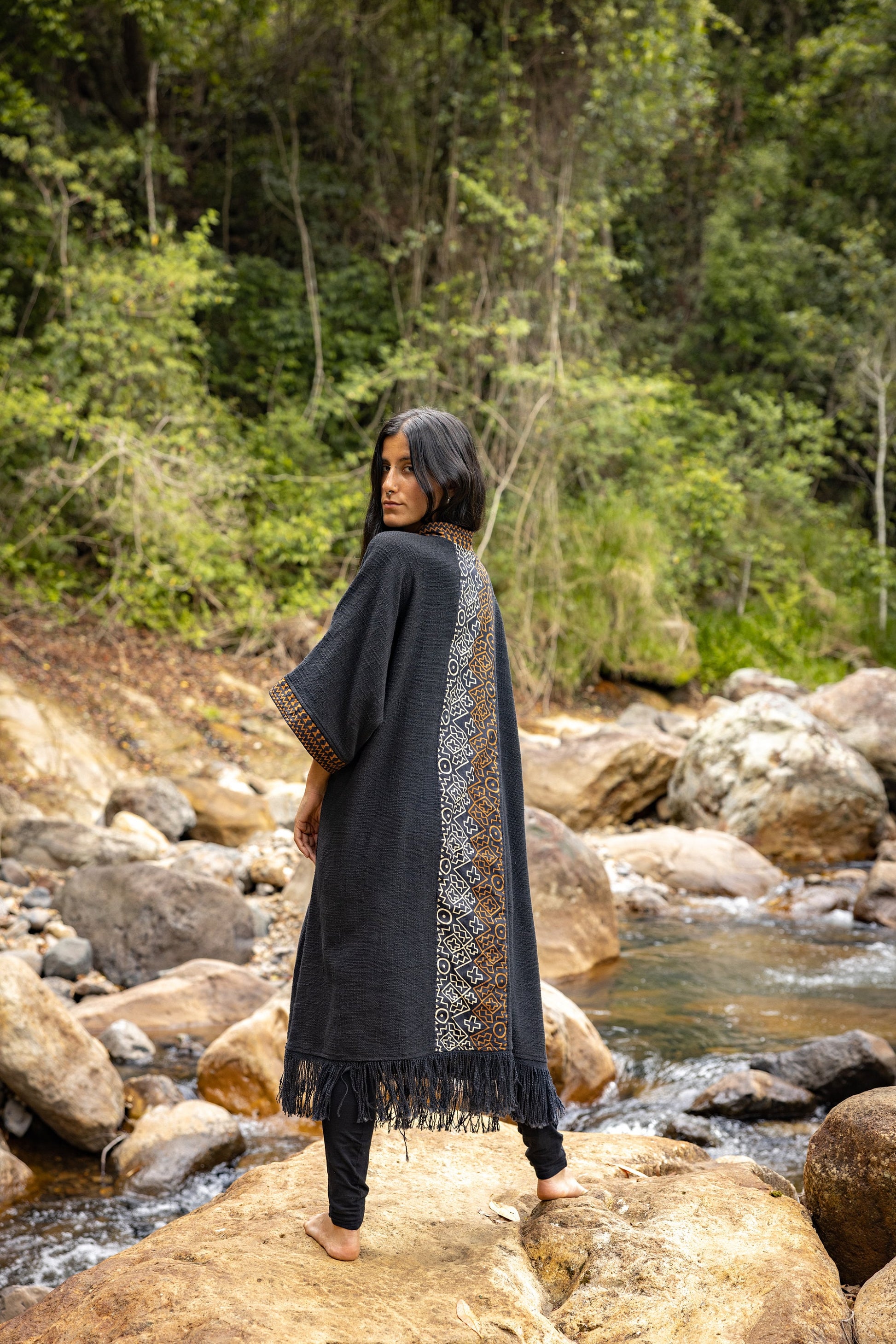 BUNTU Black Womens Kimono Robe Handmade Tribal African Patterns Natural Textured Cotton Shamanic Ceremony Ritual Festival Boho Gypsy AJJAYA