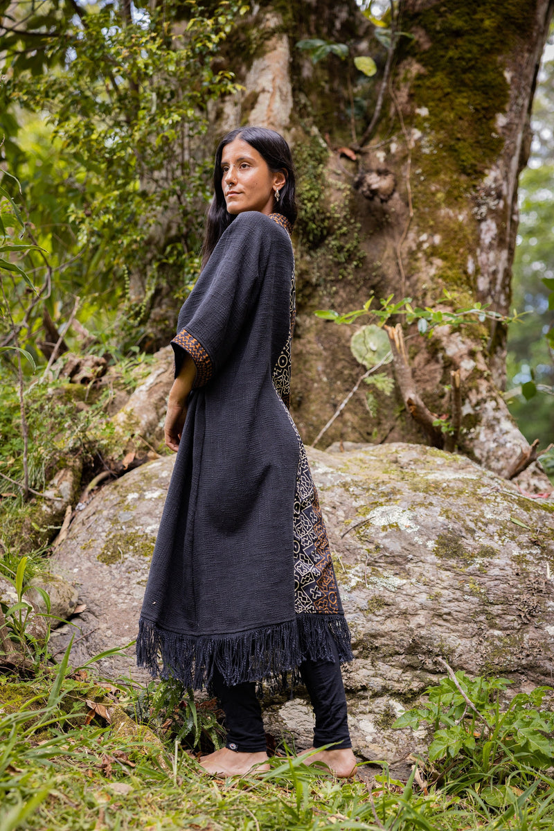BUNTU Black Womens Kimono Robe Handmade Tribal African Patterns Natural Textured Cotton Shamanic Ceremony Ritual Festival Boho Gypsy AJJAYA