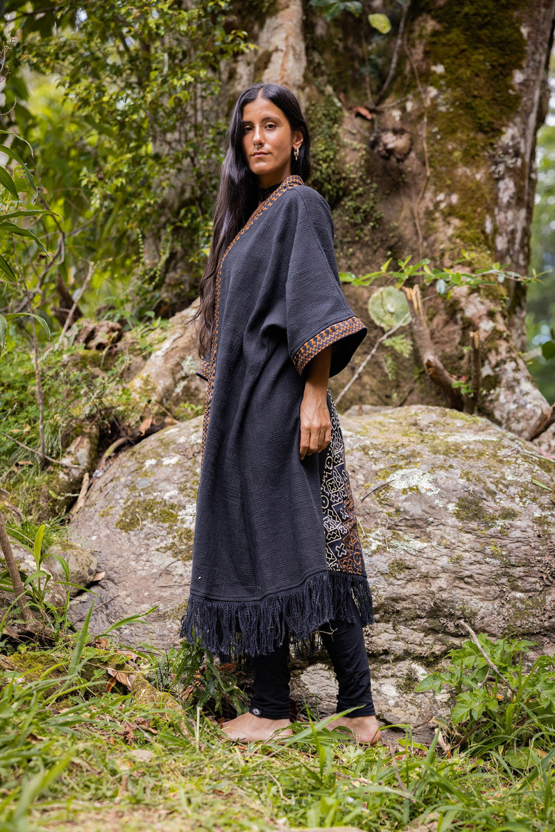 BUNTU Black Womens Kimono Robe Handmade Tribal African Patterns Natural Textured Cotton Shamanic Ceremony Ritual Festival Boho Gypsy AJJAYA