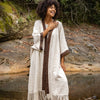 BUNTU Beige Womens Kimono Robe Handmade Tribal African Patterns Natural Textured Cotton Shamanic Ceremony Ritual Festival Boho Gypsy AJJAYA