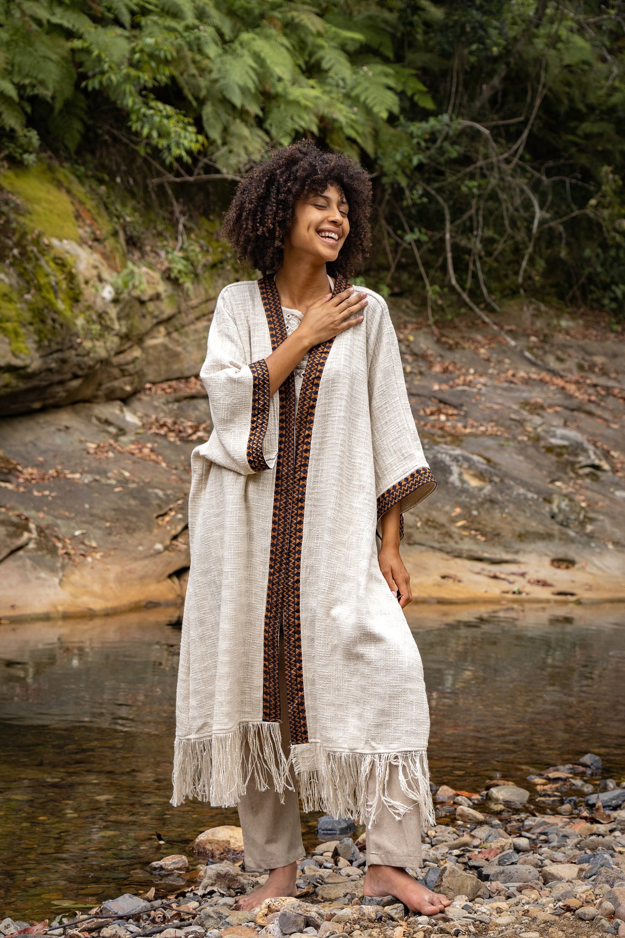 BUNTU Beige Womens Kimono Robe Handmade Tribal African Patterns Natural Textured Cotton Shamanic Ceremony Ritual Festival Boho Gypsy AJJAYA